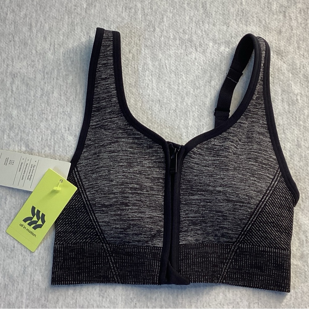 ALL IN MOTION MEDIUM SUPPORT WOMEN’S SEAMLESS ZIP FRONT BRA SIZE:SMALL/DARK GRAY